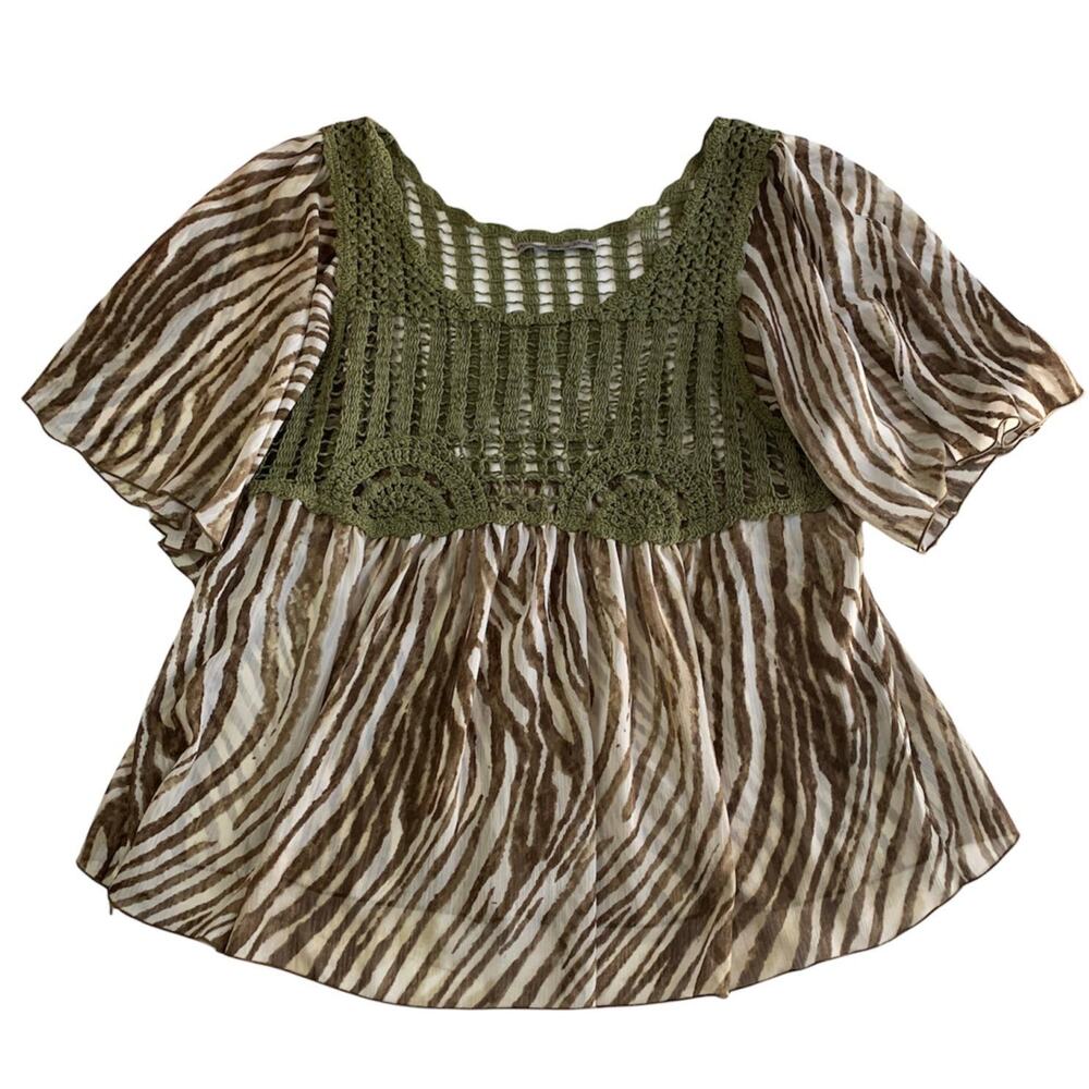 SIGNATURE BY LARRY LEVINE Olive Green Tiger Print Crochet Short Sleeve Blouse XL